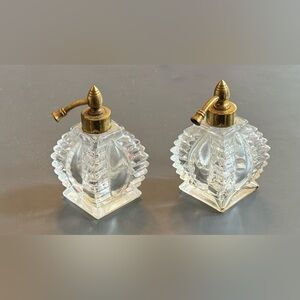 Vintage 50s Vanity Decor Clear Glass Brass Perfume Atomizer Bottles Set IW Rice